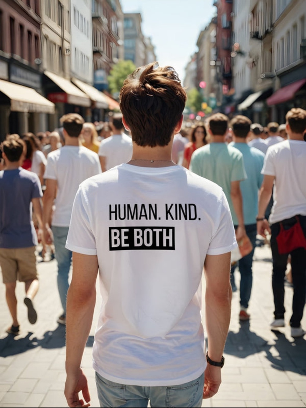 Men's White Graphic Tee - Human. Kind. Be Both